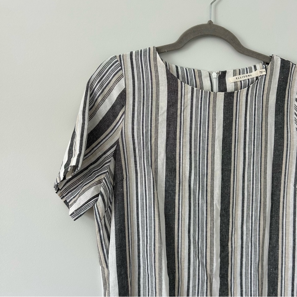 Ellison Grey White Linen Stripe Short Sleeve Shift Dress Tassel Trim M - Picture 3 of 10